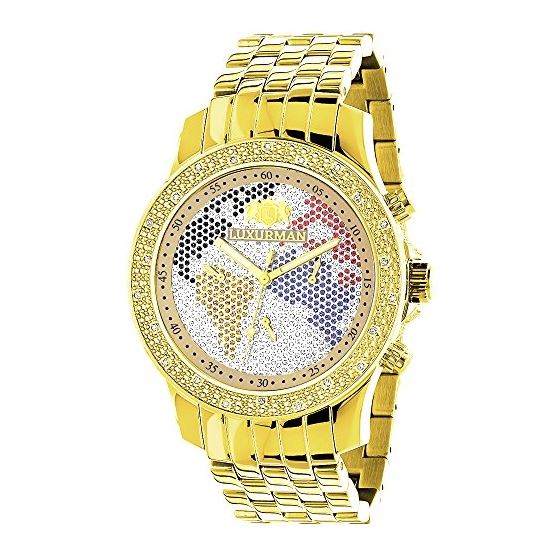 World Map Mens Diamond Watch 0.25Ct Yellow Gold