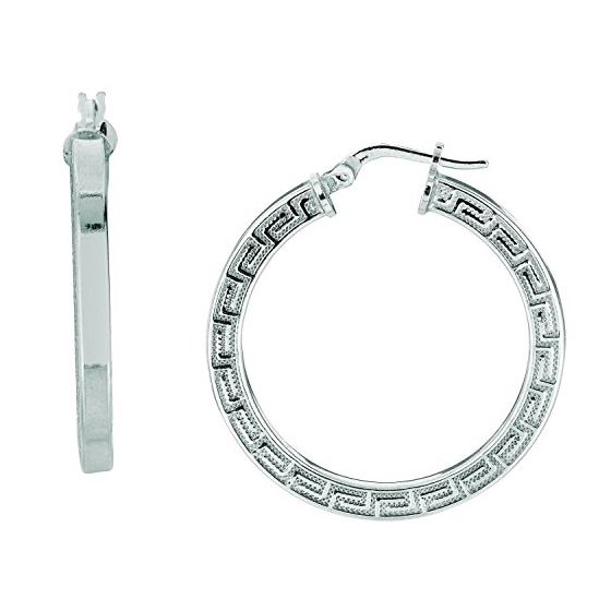 Ladies White Rhodium Silver Diamond Cut Hoop Earring AGE925