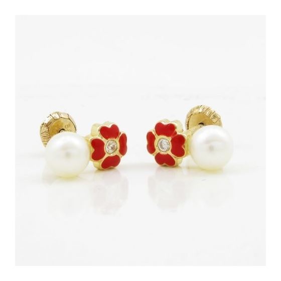 14K Yellow gold Flower pearl stud earrings for Children/Kids web95 3