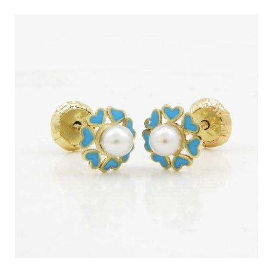 14K Yellow gold Multiple heart pearl stud earrings for Children/Kids web87 3