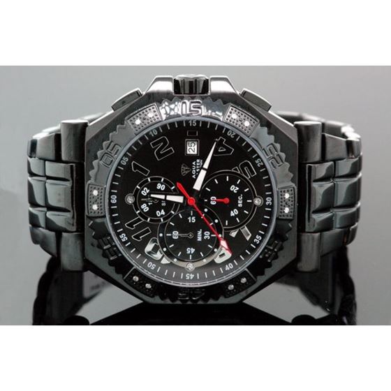 Aqua Master Mens Swiss Made Black Sports Diamond Watch 0.12ctw 1