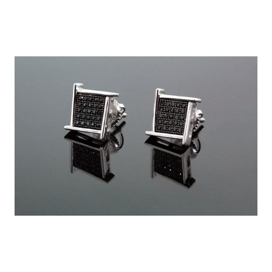 .925 Sterling Silver White Square Spikes Black Onyx Crystal Micro Pave Unisex Mens Stud Earrings 1