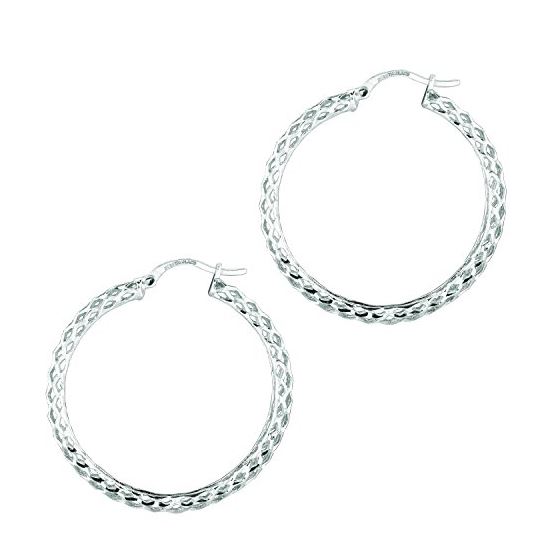 Ladies White Rhodium Silver Diamond Cut Hoop Earring AGE552