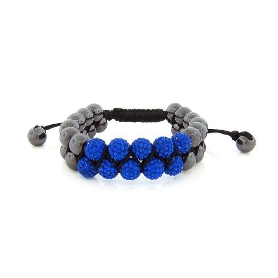 Two Row Blue Crystals Black Cord Onyx Macrame Beaded Ball Bracelet