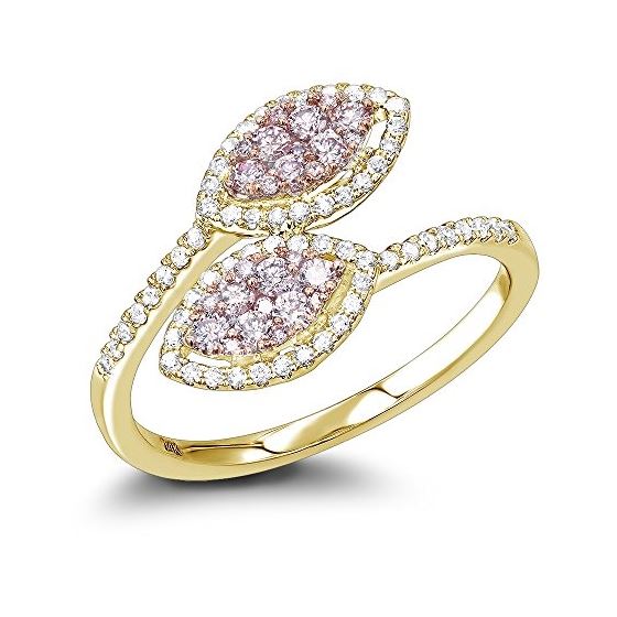 14K White Pink Diamond Leaf Ring For Women Floral