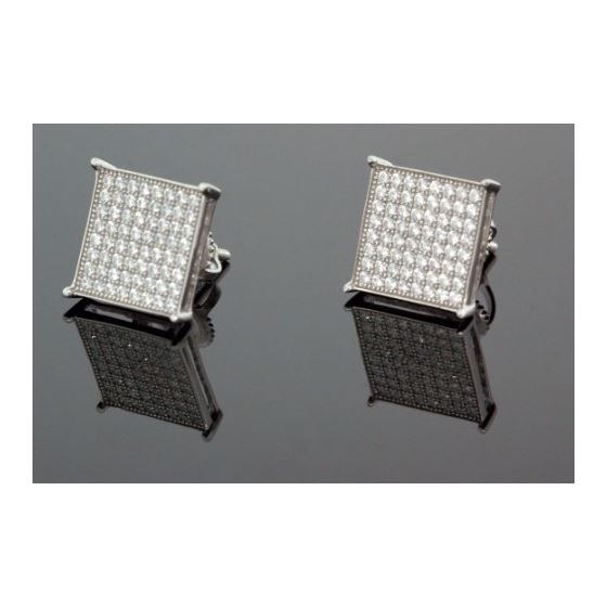 .925 Sterling Silver White Square White Crystal Micro Pave Unisex Mens Stud Earrings 1