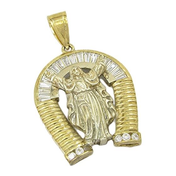 Mens 10k Yellow gold White gemstone jesus horse shoe charm EGP41 1