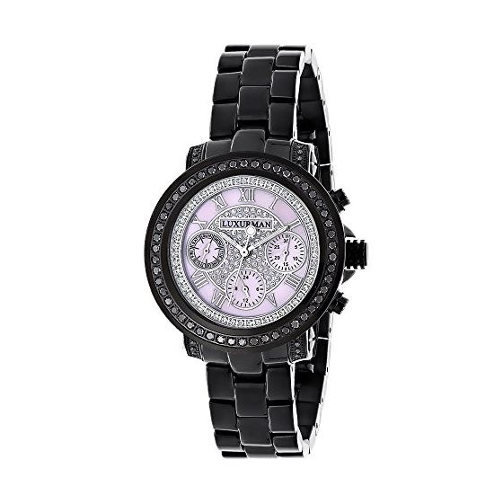 Ladies Diamond Watches: Luxurman Real Black Diamond Watch 2.15 Carats Pink Dial 1
