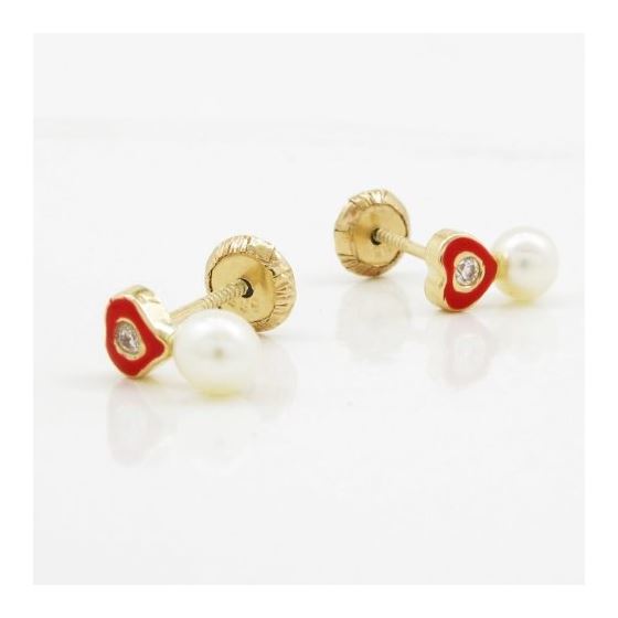 14K Yellow gold Heart cz pearl stud earrings for Children/Kids web132 3