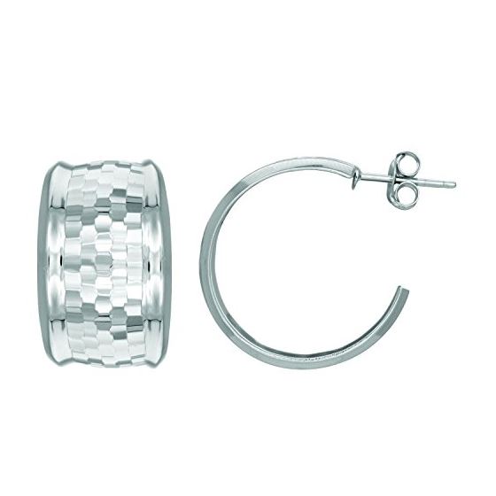 Ladies White Rhodium Silver Textured Hoop Earring AGE321