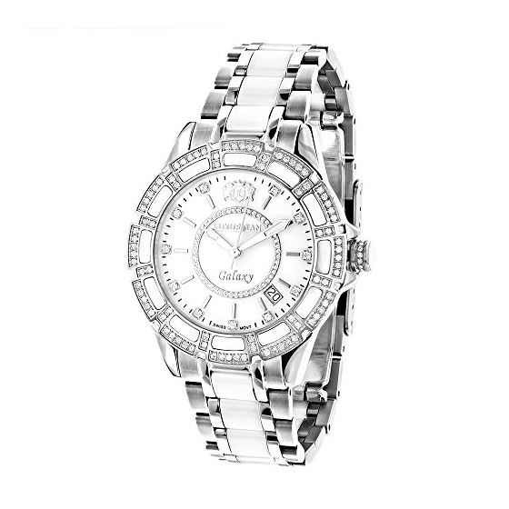 Ladies Real Diamond Watches: Luxurman White Ceramic Watch 1.25ct MOP Galaxy 1