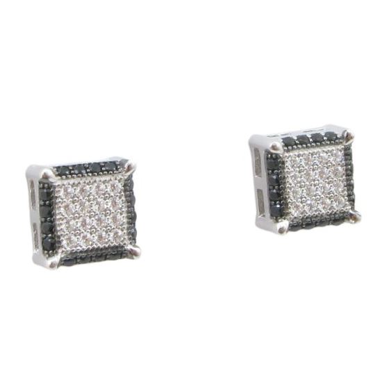 Mens .925 sterling silver Black and white 6 row square earring MLCZ115 4mm thick and 7mm wide Size 1