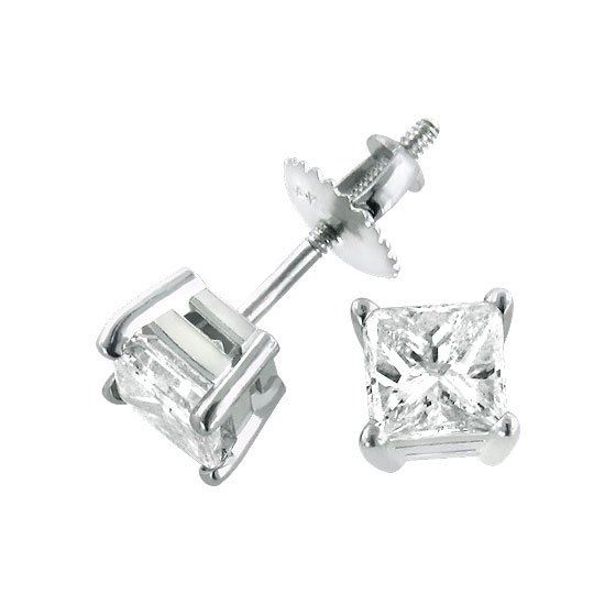 Ladies Princess Cut Natural Diamond Platinum Stud