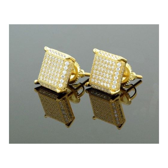 .925 Sterling Silver Yellow Square White Crystal Micro Pave Unisex Mens Stud Earrings 1