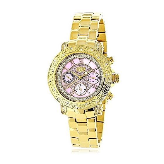Luxurman Montana Ladies Genuine Diamond Watch 0.3ct Pink MOP Yellow Gold Plated 1