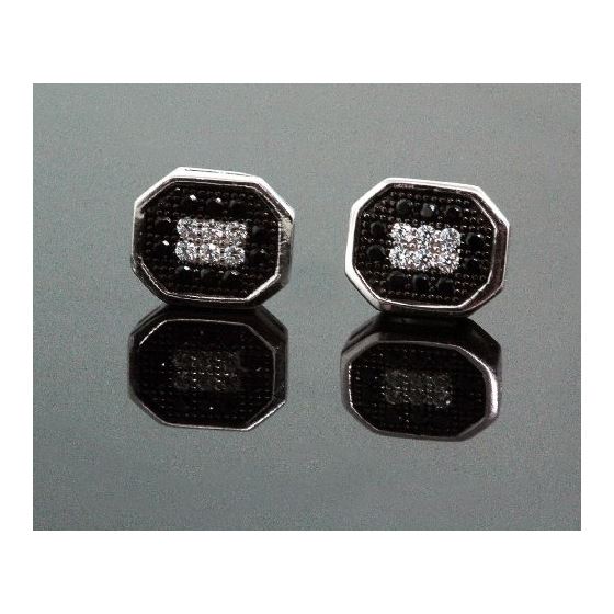 .925 Sterling Silver White Octagon White and Black Onyx Crystal Micro Pave Unisex Mens Stud Earrings