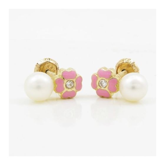14K Yellow gold Flower pearl stud earrings for Children/Kids web91 3