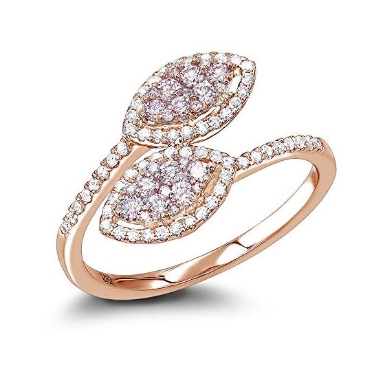 14K White Pink Diamond Leaf Ring For Women Floral