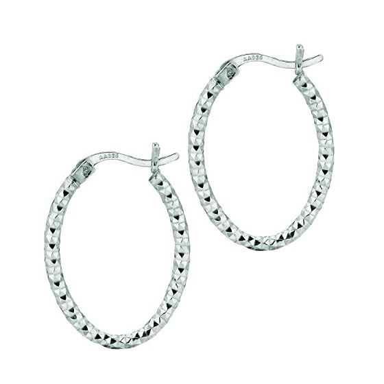 Ladies White Rhodium Silver Diamond Cut Hoop Earring AGE569