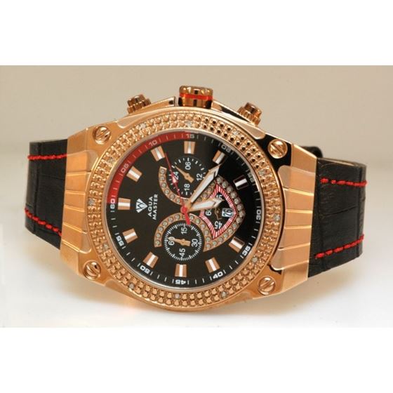 Aqua Master Yellow Gold Mens Diamond Watch Red Accent Dial 1