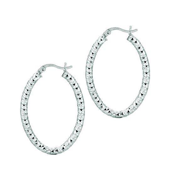 Ladies White Rhodium Silver Diamond Cut Hoop Earring AGE574