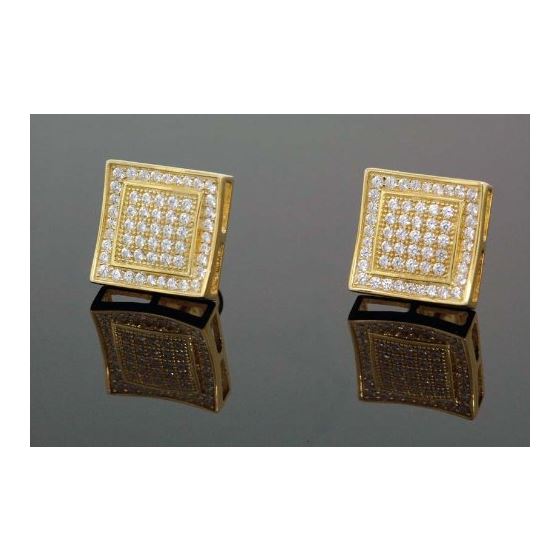 .925 Sterling Silver Yellow Square White Crystal Micro Pave Unisex Mens Stud Earrings 1