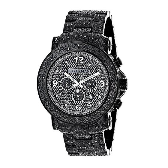 Oversized Iced Out Black Diamond Mens Watch by Luxurman 2ct Fully Paved Bezel 1