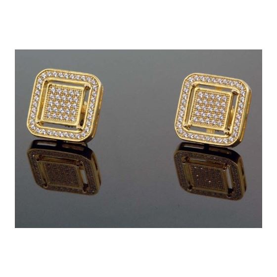 .925 Sterling Silver Yellow Square White Crystal Micro Pave Unisex Mens Stud Earrings 1