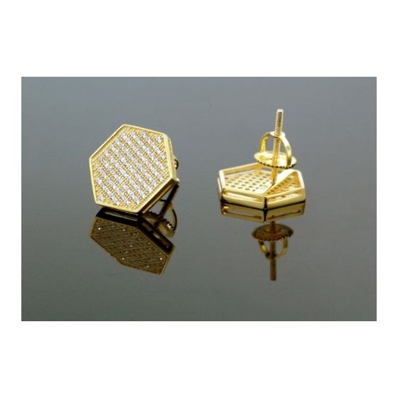 .925 Sterling Silver Yellow Hexagon White Crystal Micro Pave Unisex Mens Stud Earrings 3