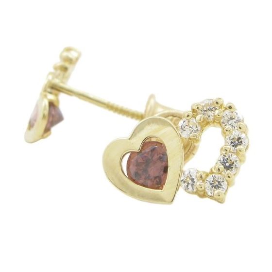 14K Yellow gold Dual heart cz stud earrings for Children/Kids web283 1