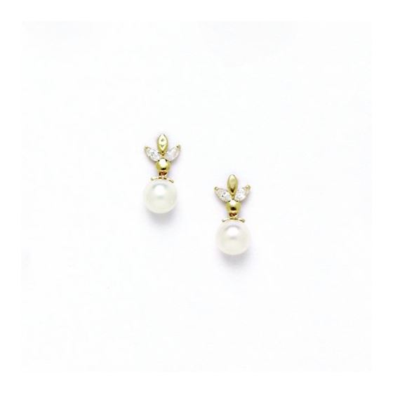 14K Yellow Gold genuine pearl and cz earrings screw back Size: Actual Image