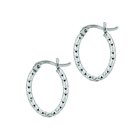 Ladies White Rhodium Silver Diamond Cut Hoop Earring AGE568