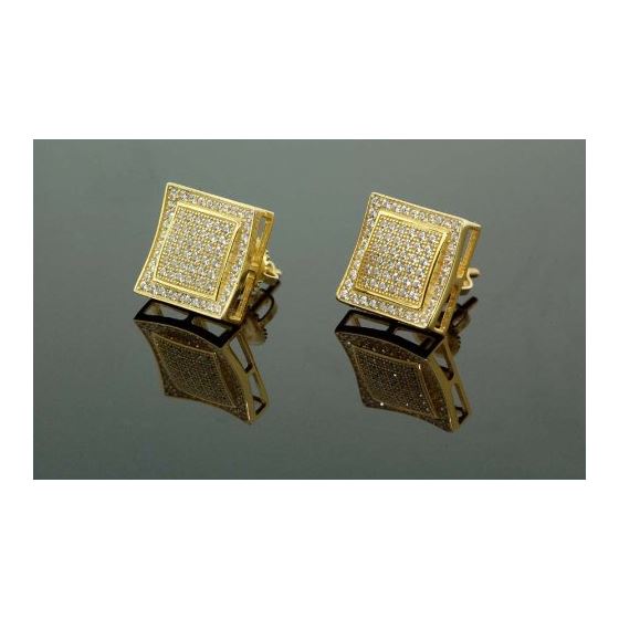 .925 Sterling Silver Yellow Square White Crystal Micro Pave Unisex Mens Stud Earrings 1