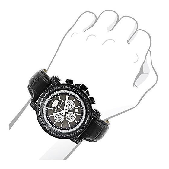 Luxurman Escalade Mens Black Real Diamond 3ct Large Watch MOP Dial Chronograph 3