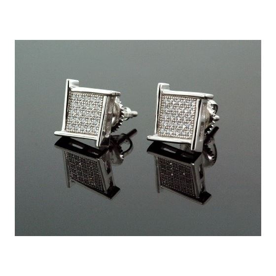 .925 Sterling Silver White Square Spikes White Crystal Micro Pave Unisex Mens Stud Earrings 1