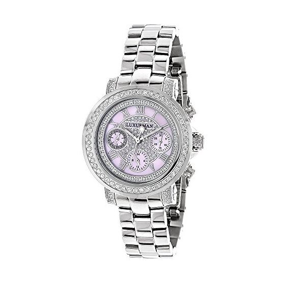 Real Diamond Watches For Women 2ct Bezel Pink MOP Luxurman Montana Leather Strap 1