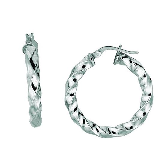 Ladies White Rhodium Silver Twisted Hoop Earring AGE970