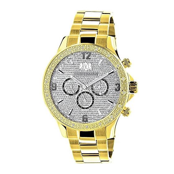 Luxurman Liberty Yellow Gold Plated Genuine Mens Diamond Watch Swiss Movt 0.2ct 1