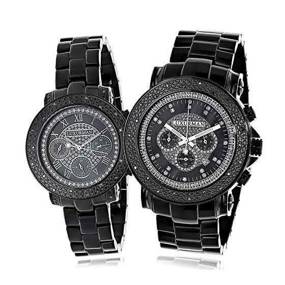 Large Matching His and Hers Luxurman Black Diamond Watches: Stainless Steel Band 1