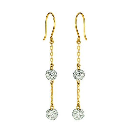 14K Yellow Gold Shiny Cable Chain Link with 2 White Crystal BallDrop Earring