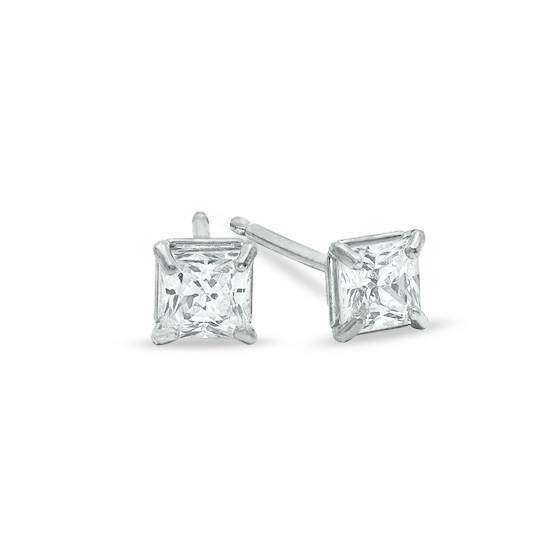 Unisex 14K White Gold 3mm CZ Princess Square Cut Basket Earrings Free Box 40-23 Size unisex