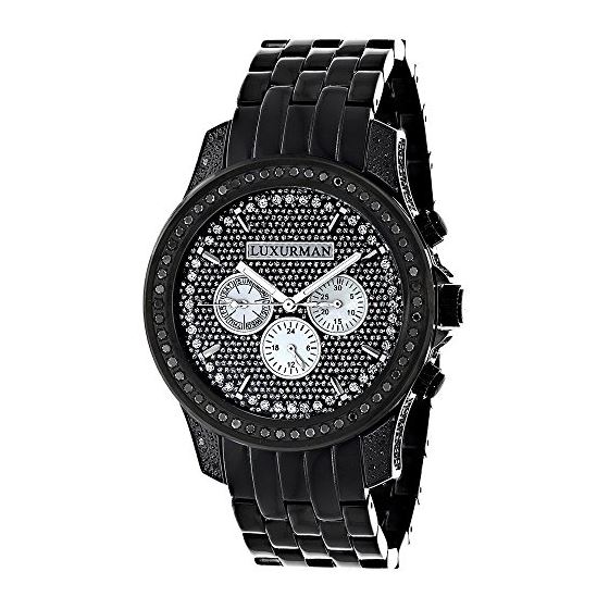 Luxurman Designer Mens Real Black Diamond Watch 2.5 carats Black Stainless Steel 1