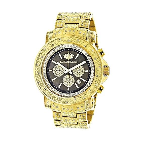 Luxurman Iced Out Mens Real Diamond Watch 2ct Yellow Gold Plated Black MOP 1
