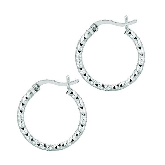 Ladies White Rhodium Silver Diamond Cut Hoop Earring AGE555