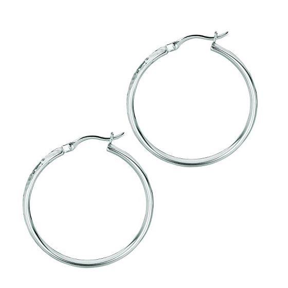 Ladies White Rhodium Silver Textured Hoop Earring AGE703