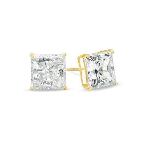 Unisex 14K Solid Yellow Gold 9mm Princess Square Cut CZ Earring Free Box 38-27YA Size unisex