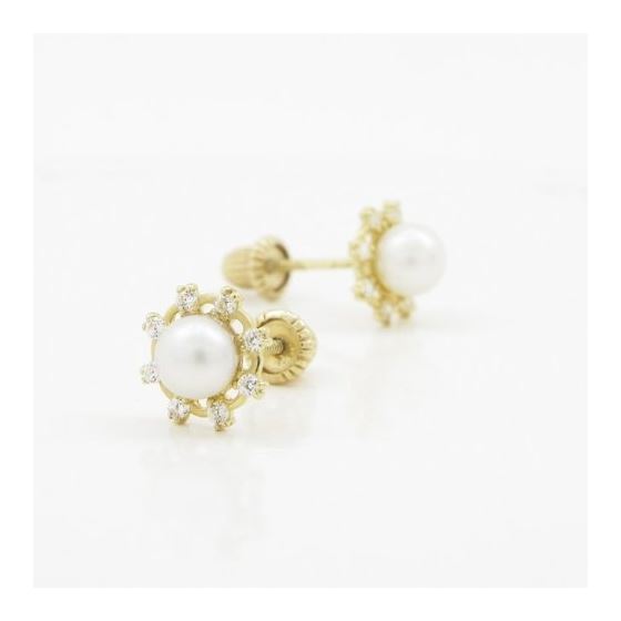 14K Yellow gold Round pearl fancy cz stud earrings for Children/Kids web522 3