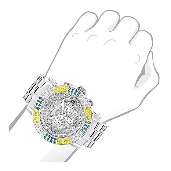 Large Escalade Mens Multicolor White Yellow Blue Diamond Watch 4.3ct by Luxurman 3