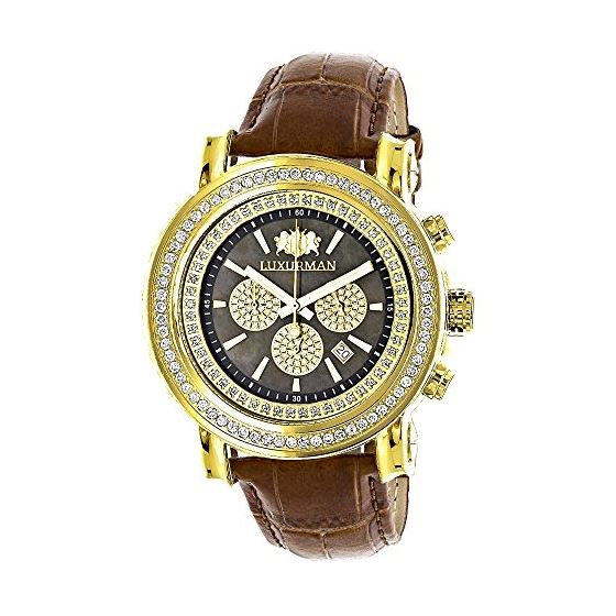 Mens Luxurman Escalade Large Real Diamond Bezel Watch 2.5ct Yellow Gold Plated 1
