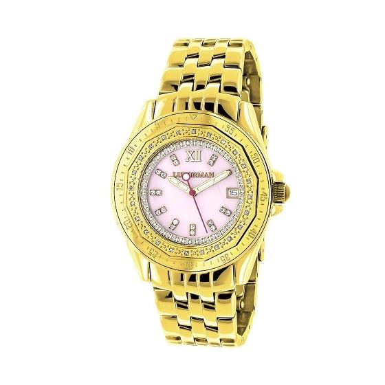 Luxurman Yellow Gold Plated Ladies Real Diamond Watch 0.25ct Pink MOP Dial 1